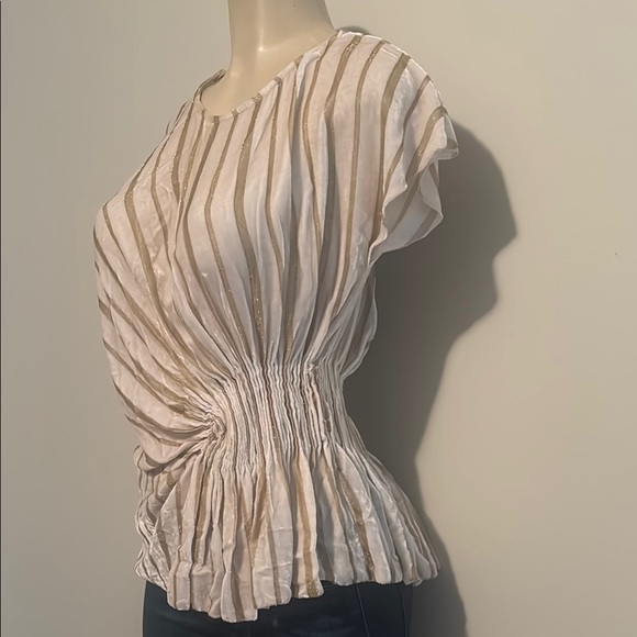 Aryn K Silk Cream Ruched Cap Sleeve Blouse with Asymmetrical Design size L - Picture 2 of 6